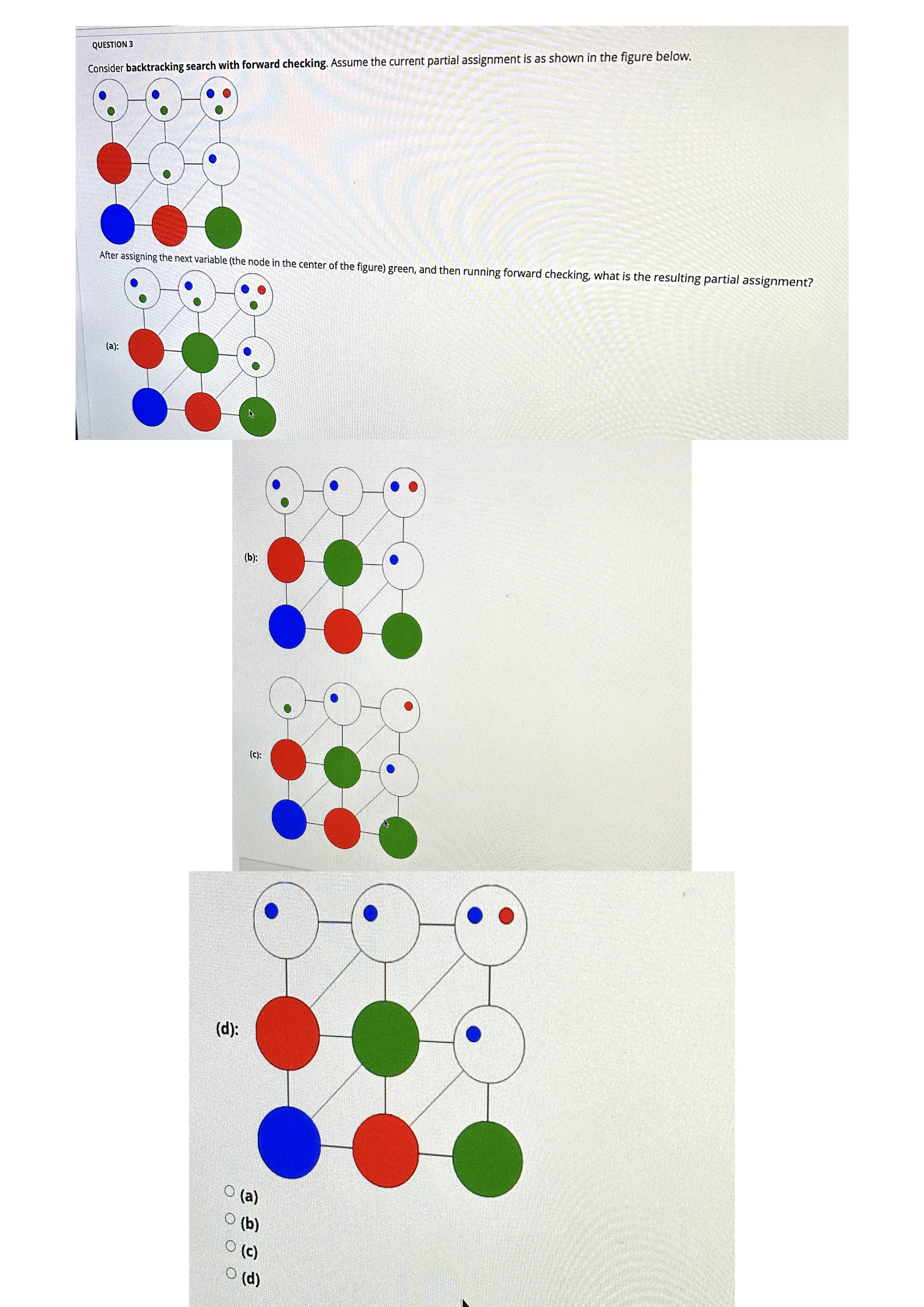  QUESTION 3 Consider backtracking search with forward checking. Assume the current
