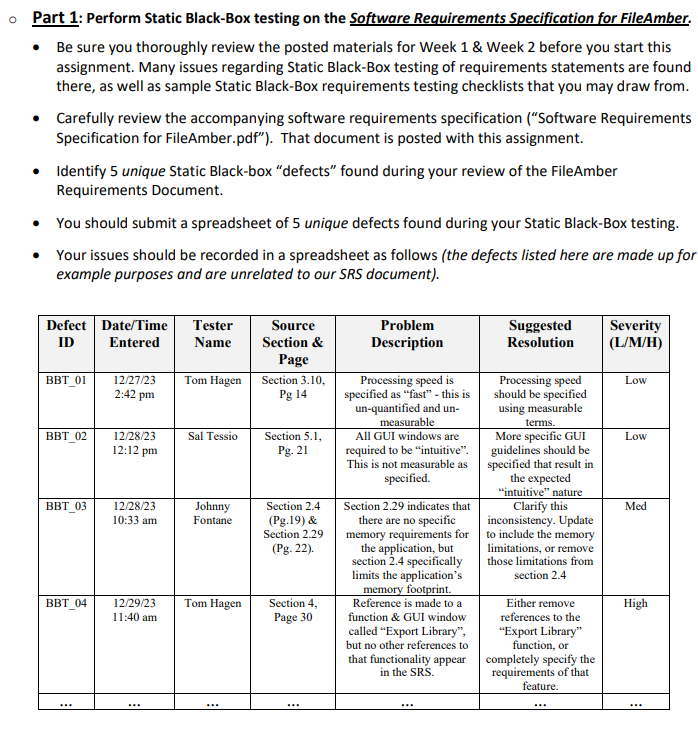  Part 1: Perform Static Black-Box testing on the Software Requirements Specification