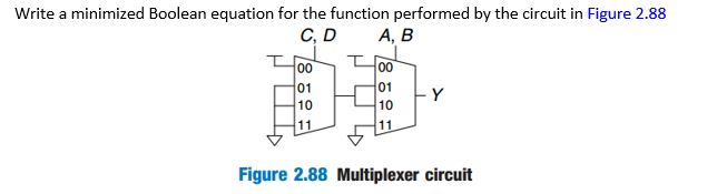 Write a minimized Boolean equation for the function performed by the circuit