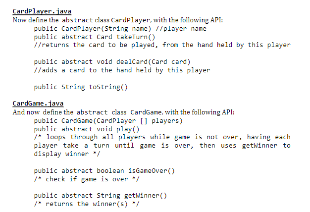 a Card class with the following API public Card(Suit suit, int rank)