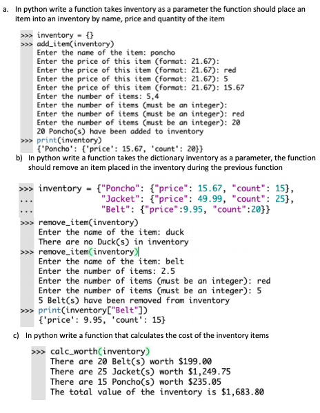  a. In python write a function takes inventory as a parameter