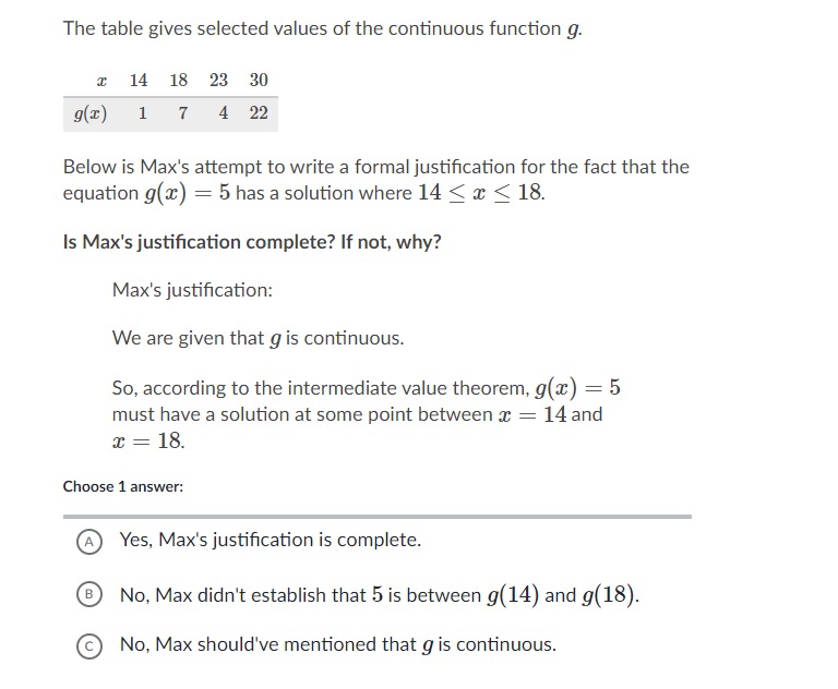  The table gives selected values of the continuous function g.\ Below