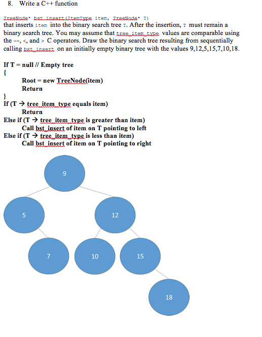  8. Write a C++ function item, TreeNode T) that inserts item