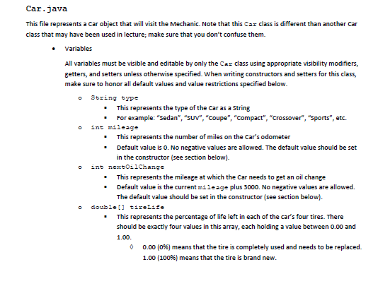  Car.java This file represents a Car object that will visit the