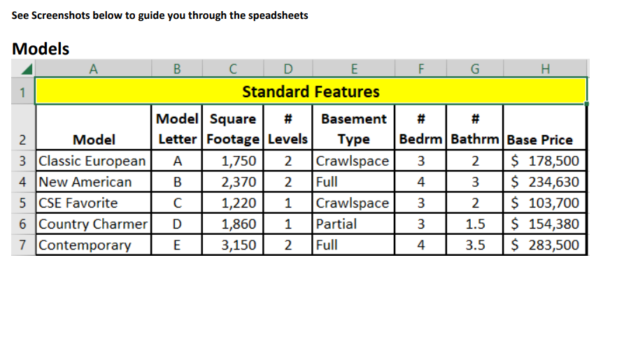 Write an Excel formula in cell Models!H3 to determine the base price
