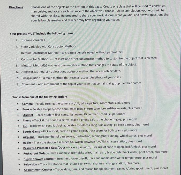  **Language is Java** Directions: Choose one of the objects at the