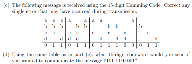 following message is received using the 7-digit Hamming Code. Correct any single