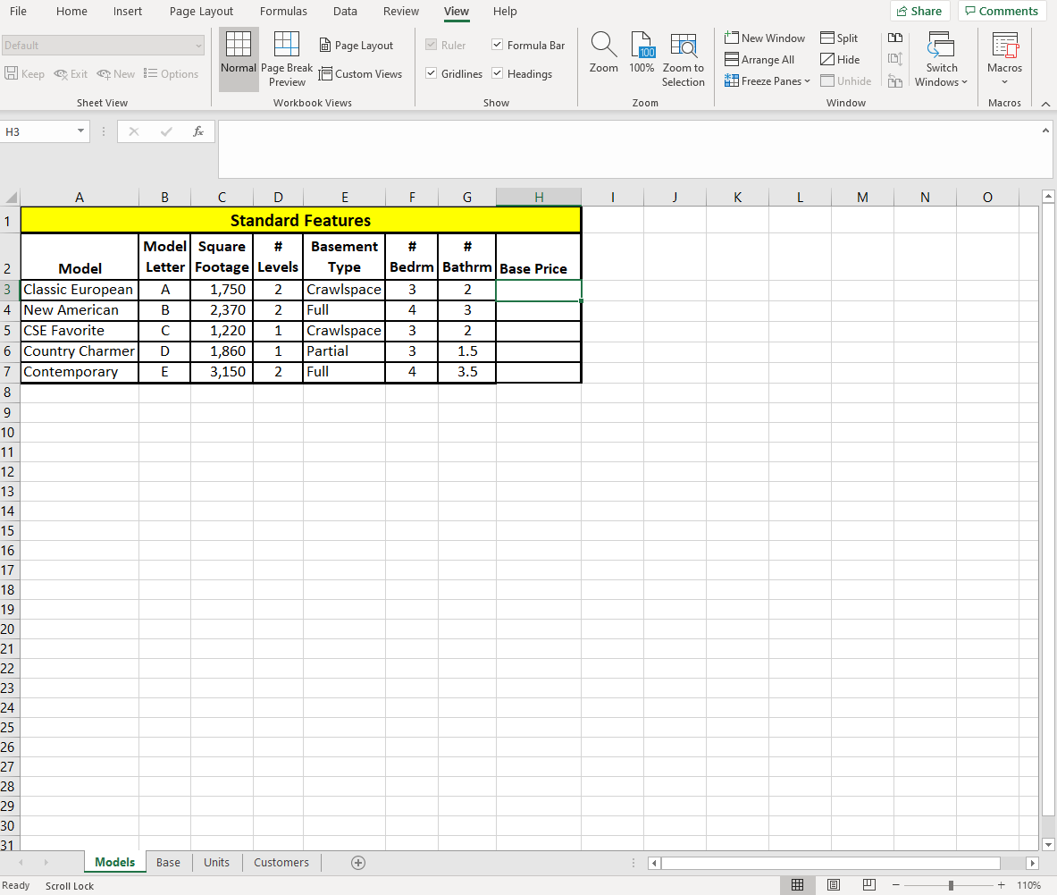  Write an Excel formula in cell Models!H3 to determine the base