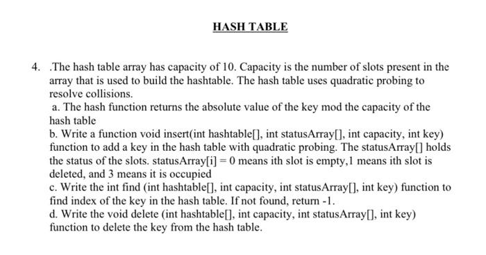 The code must be done in C++ HASH TABLE 4. The hash