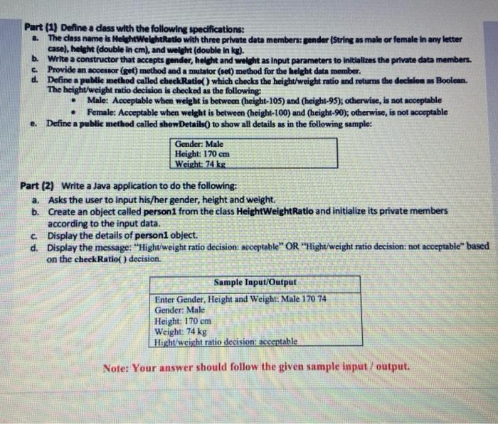  java! a. Part (1) Define a dass with the following specifications: