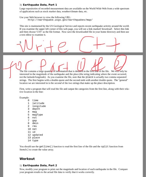  Write C++ code for Earthquake data, part 1 and part 2.
