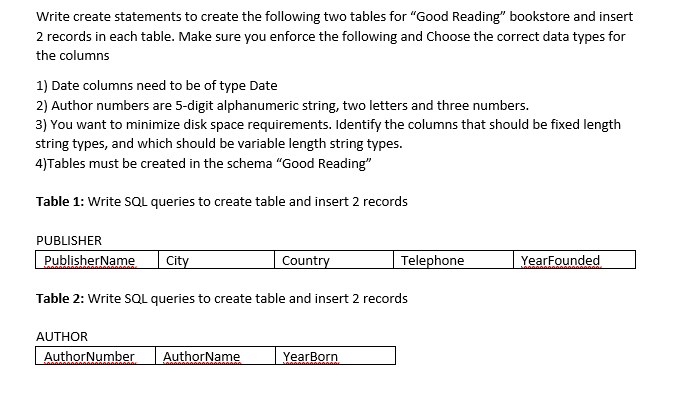  Please Answer using Microsoft SQL server, Thank you. Write create statements