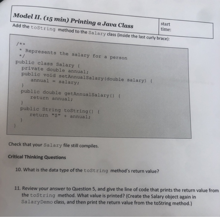  Answer 10-14 Model II. (15 min) Printing a Java Class start