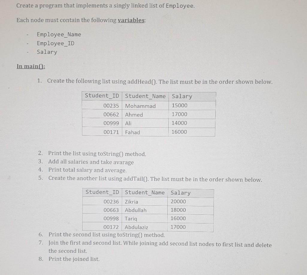  in java Create a program that implements a singly linked list