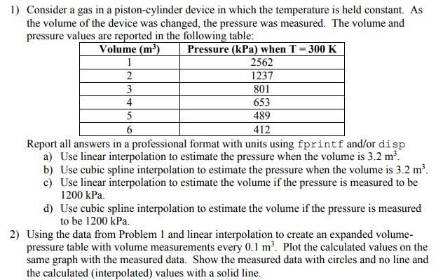Using MATLAB to cpmplete Question 2 1) Consider a gas in a