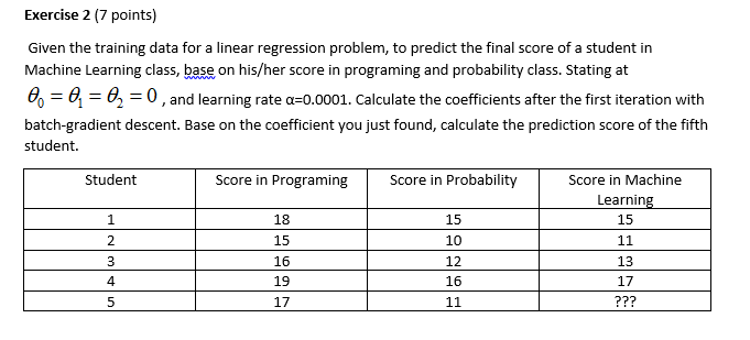 Help me, Thanks Exercise 2 (7 points) Given the training data