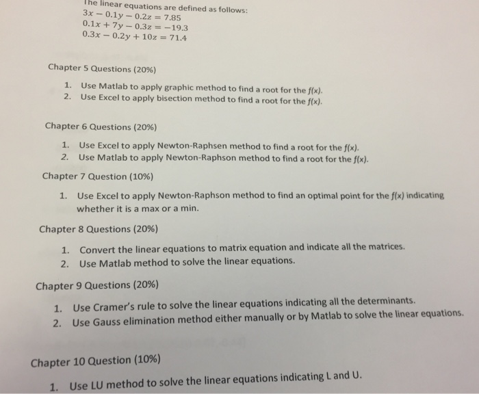 I need help answering chapter 10. The linear equations are defined