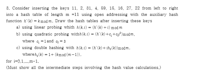  3. Consider inserting the keys 11, 2, 31, 4, 69, 16,