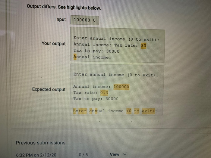 For each annual income entered the program determines the tax rate for