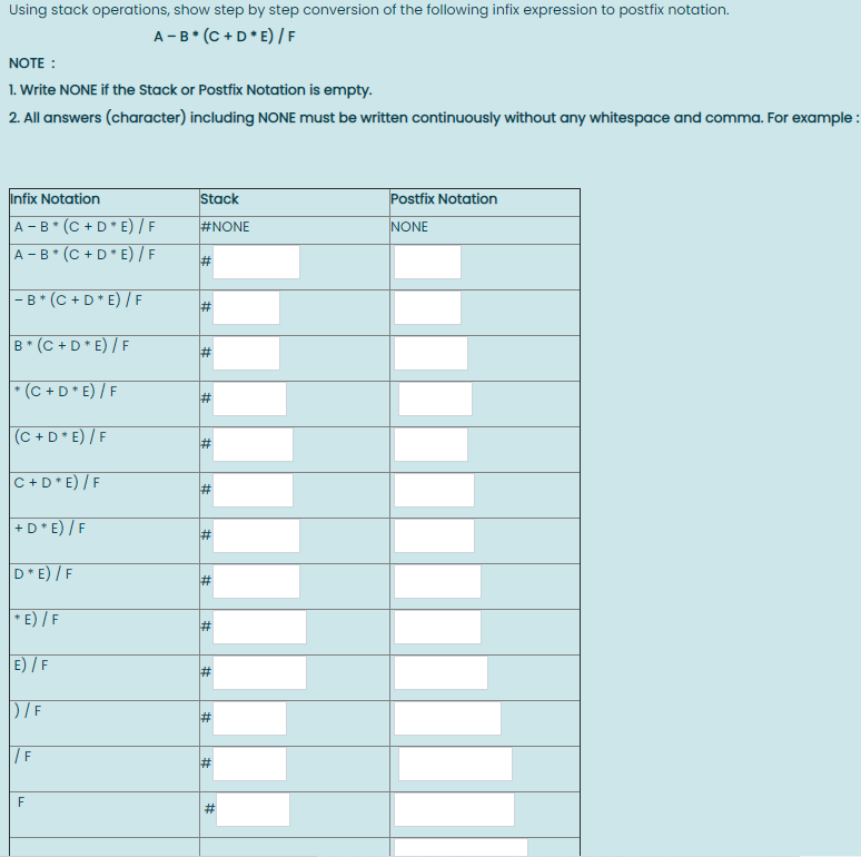 Using stack operations, show step by step conversion of the following