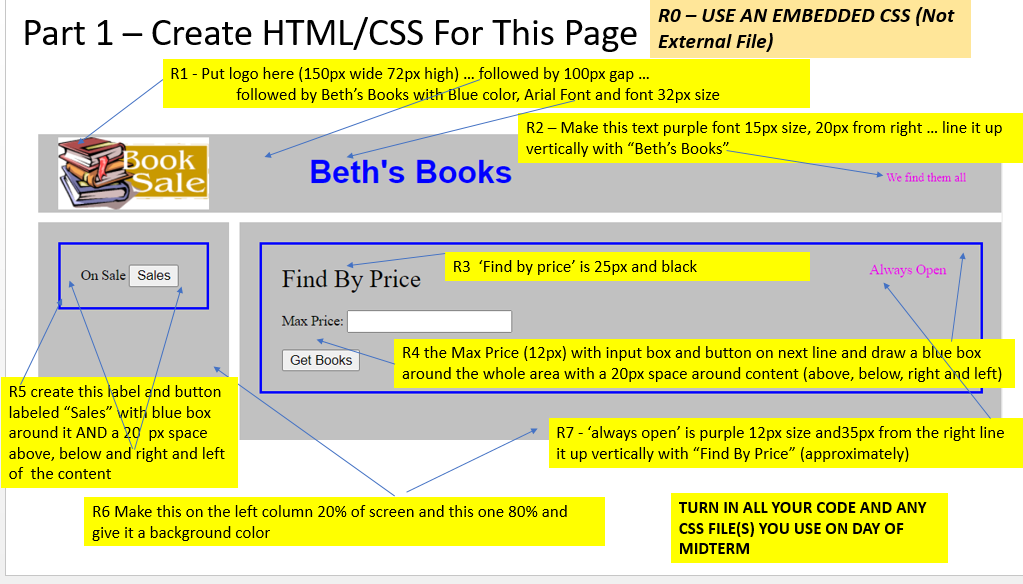 HTML create the following layout RO USE AN EMBEDDED CSS (Not Part