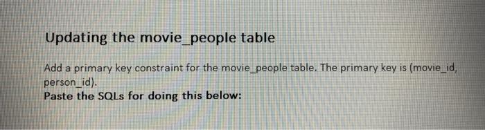 tables. Table: Movies Column_name Data_type Constraint movie_id number(8) primary key movie_name varchar2(30)