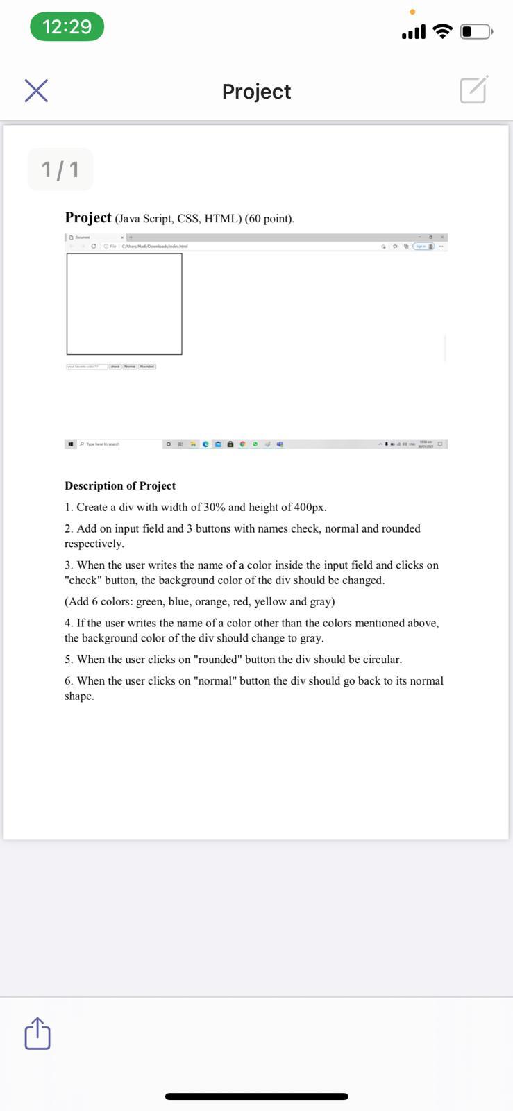  12:29 X Project 1/1 Project (Java Script, CSS, HTML) (60 point).