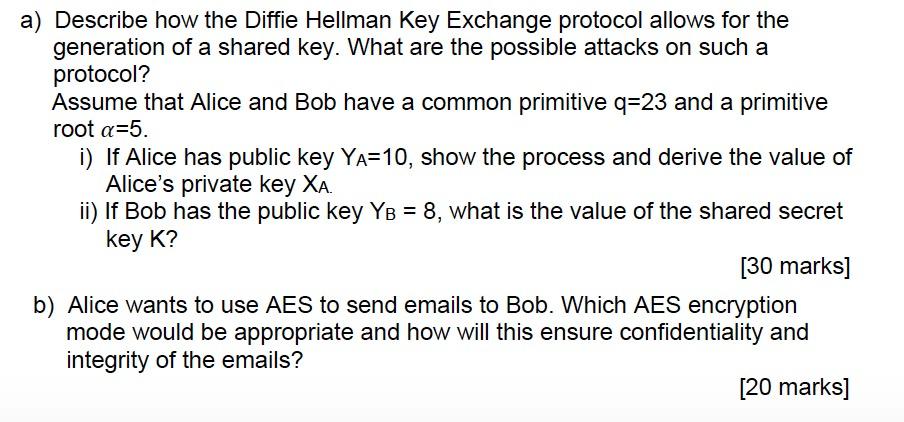  a) Describe how the Diffie Hellman Key Exchange protocol allows for