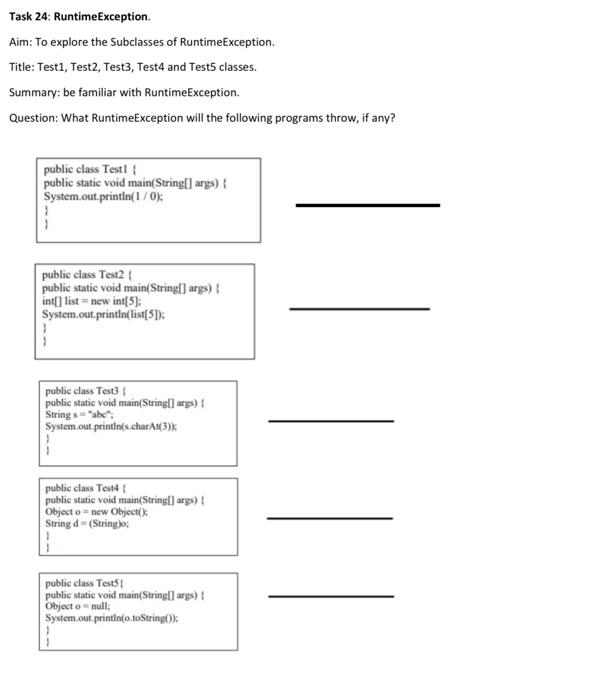  Task 24: RuntimeException Aim: To explore the Subclasses of RuntimeException. Title: