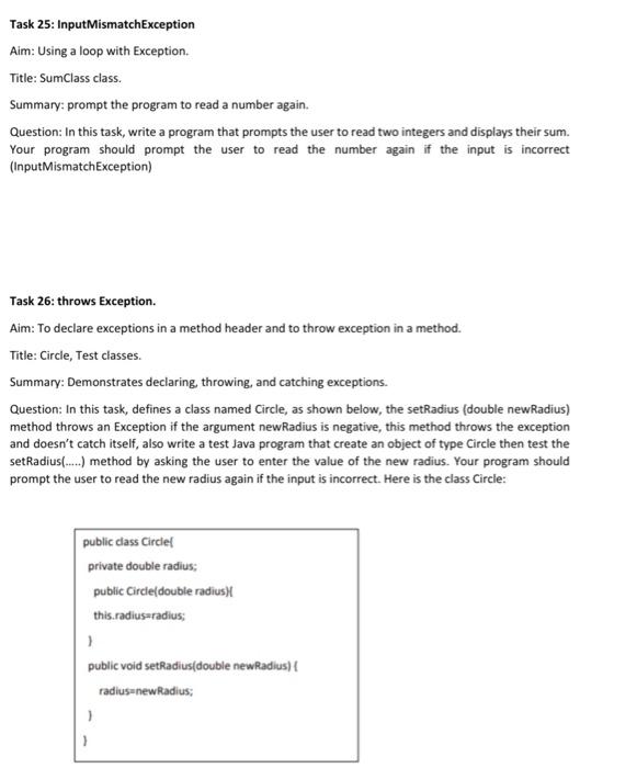 Testi, Test2, Test3, Test4 and Tests classes. Summary: be familiar with RuntimeException.