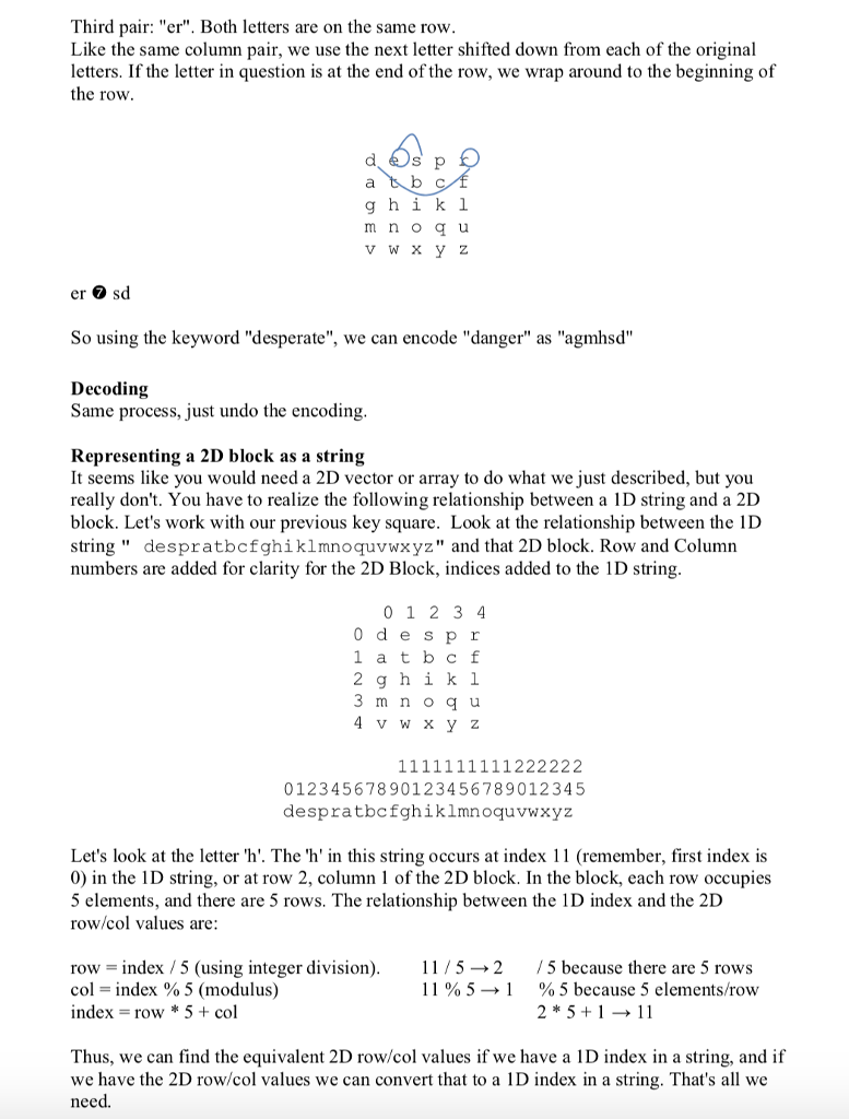 23 string prepare_plaintext(const string &s) 24 string create_encoding(const string &key) 25 string