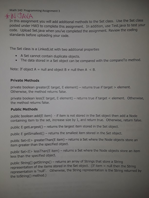  *Write Methods for the following class public class Set { private