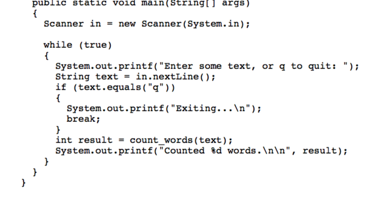 sentences from the user, and then print out the number of words