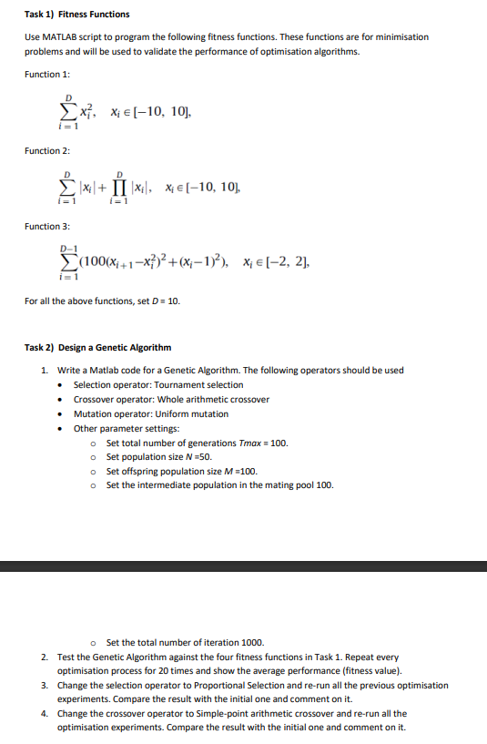  Task 1) Fitness Functions Use MATLAB script to program the following