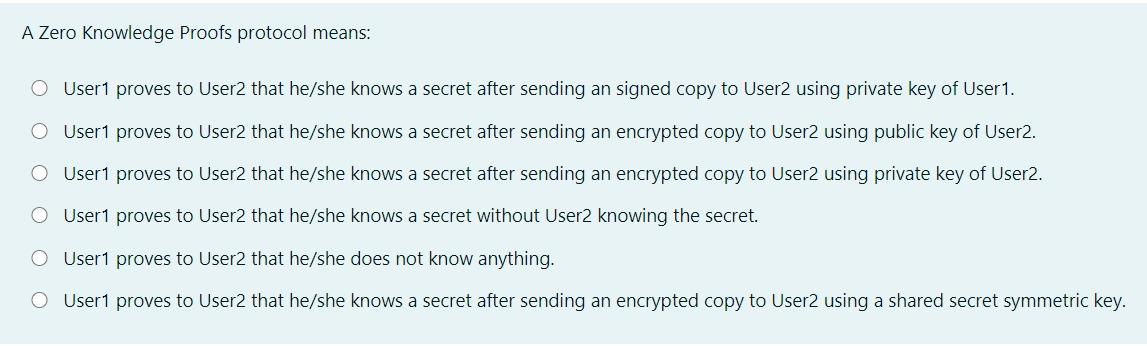  A Zero Knowledge Proofs protocol means: O User1 proves to User2