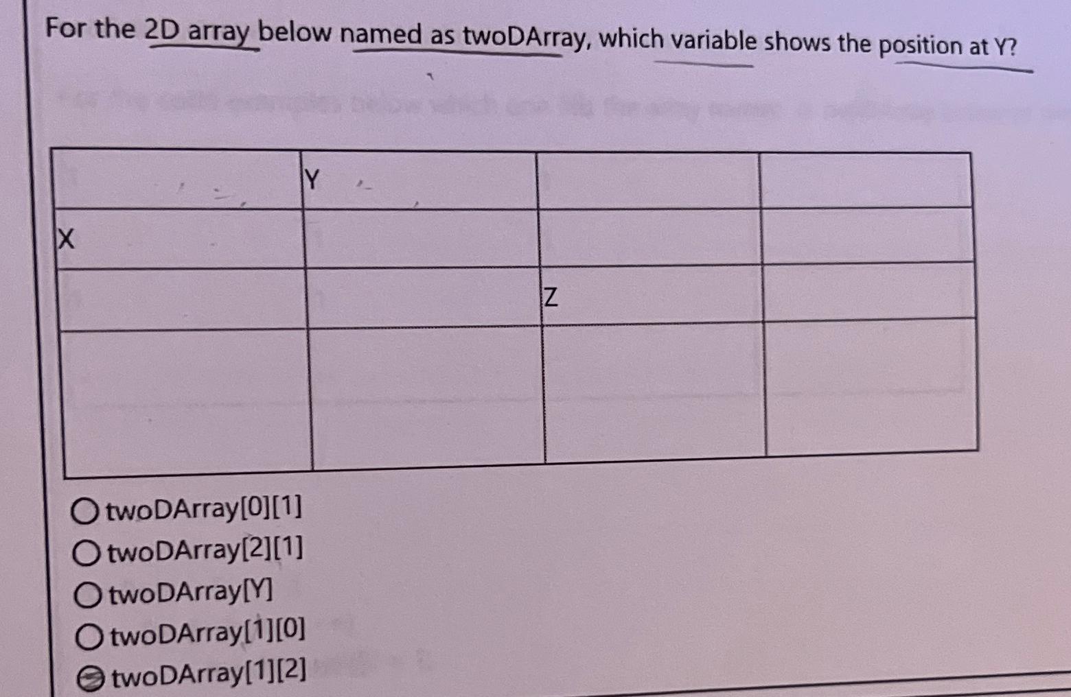  For the 2D array below named as twoDArray, which variable shows