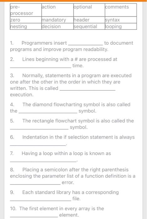 c programmingfill in the blanks from the box action pptional comments pre-
