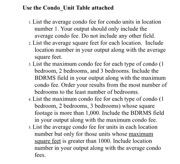  Use the Condo Unit Table attached 1. List the average condo