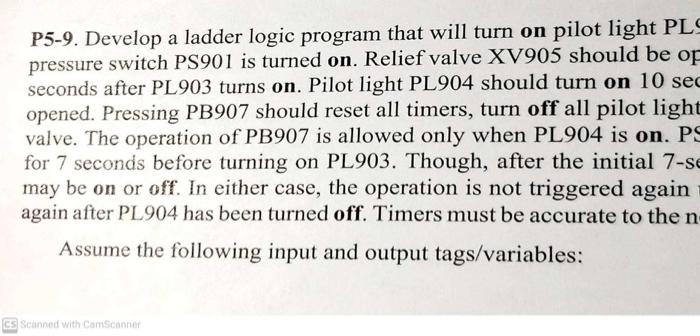  P5-9. Develop a ladder logic program that will turn on pilot