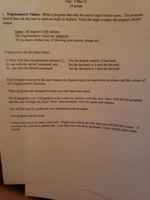  Due: 5 Mar 21 24 points 1. Trigonometric Values: Write a