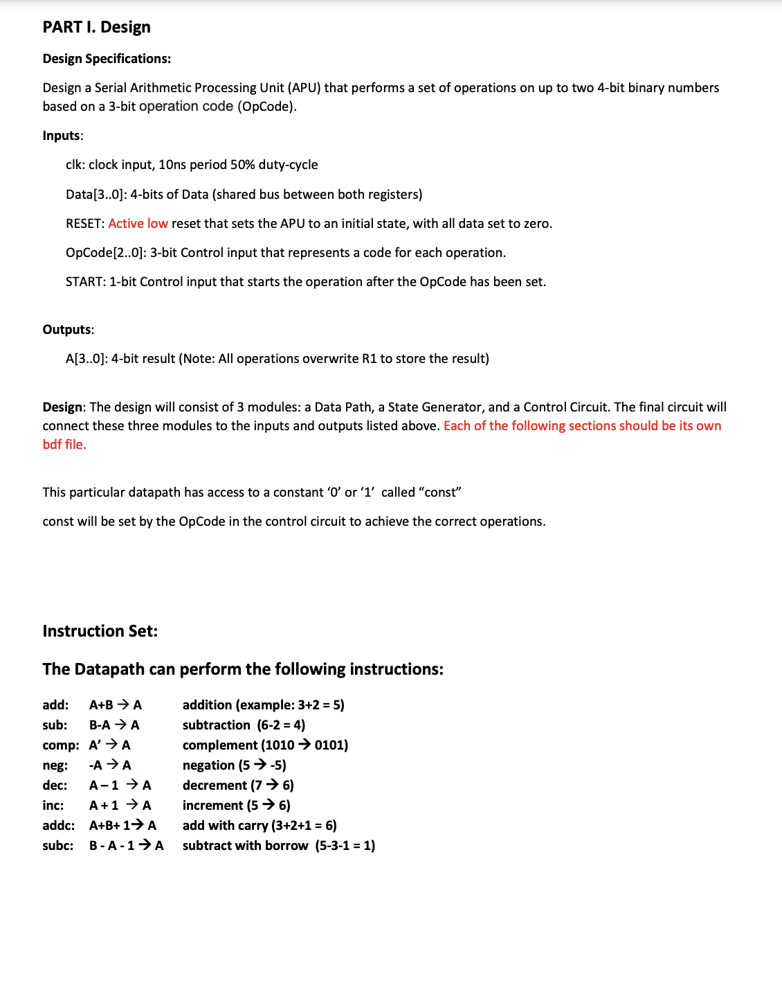 Part I - Datapath Module: Data Path Table: Use this table determine