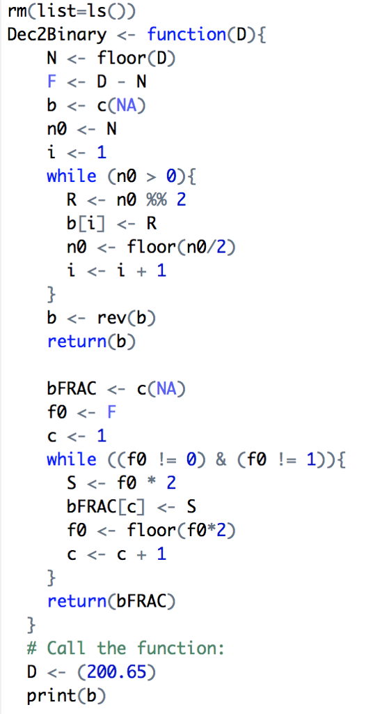 Write a function in R language to convert a decimal (base 10)