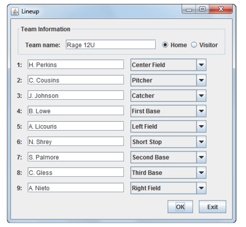 the batting lineup for a baseball or softball team. The user can