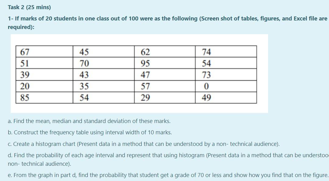  please solution by excel Task 2 (25 mins) 1- If marks