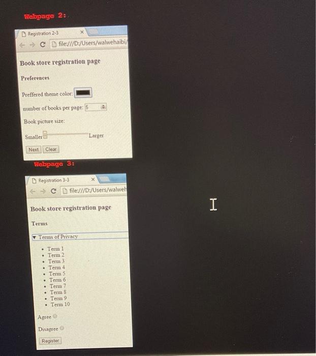 registration pages for a bookstore website, to register, there are 3 web
