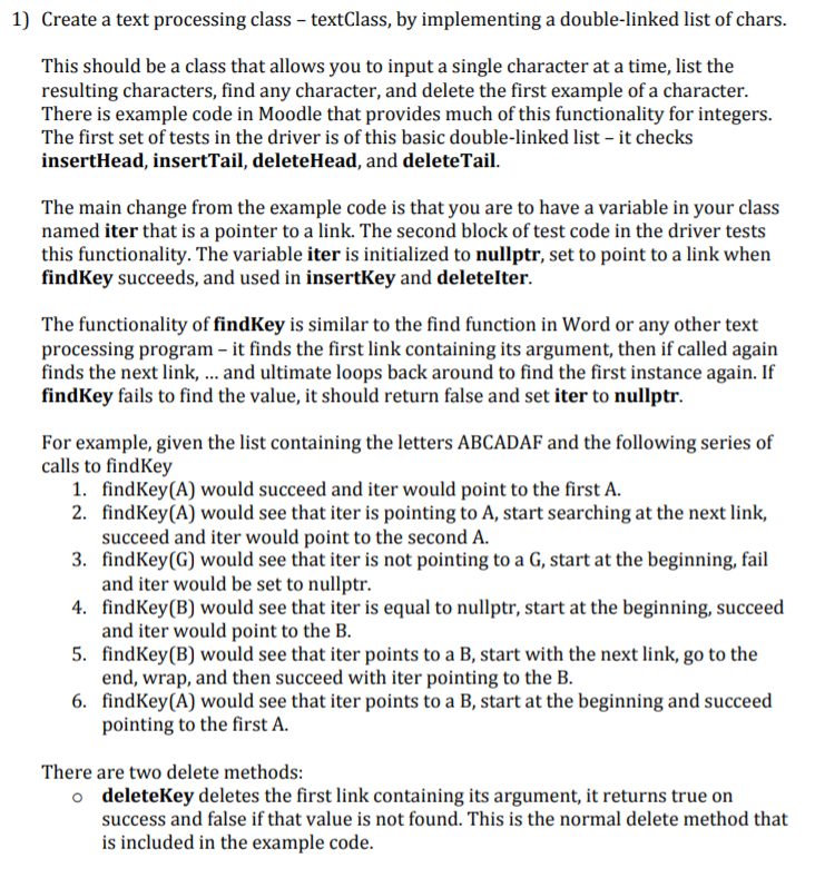 C++ programming 1) Create a text processing class - textClass, by implementing