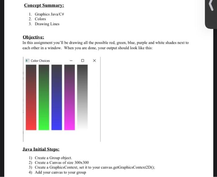 In java please Concept Summary: 1. Graphics Java/C# 2. Colors 3. Drawing