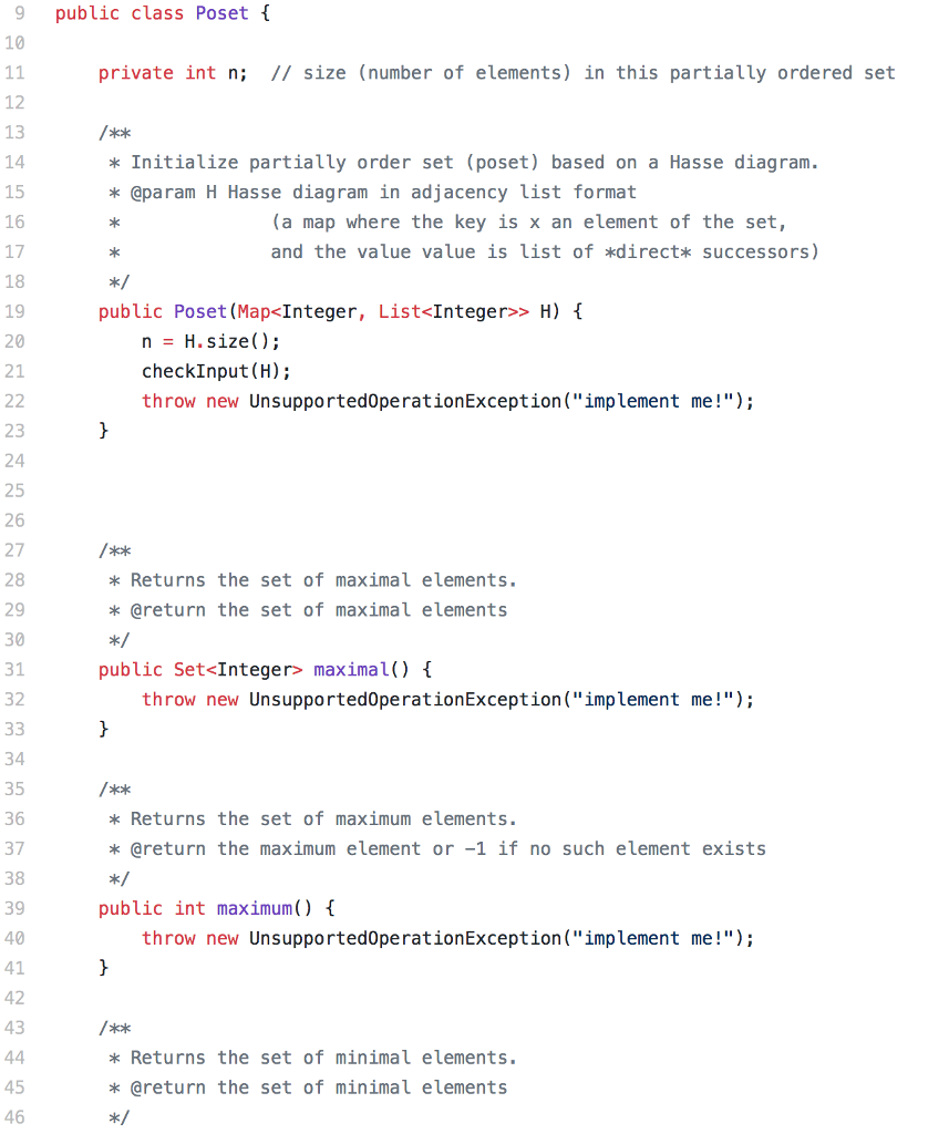 Poset class java implementation: Write two methods minimal() and maximal() that return