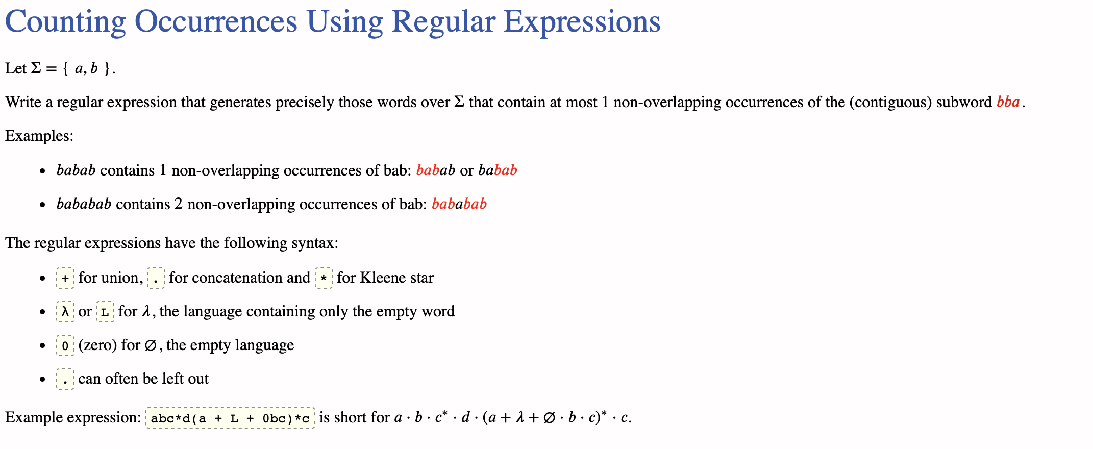  Counting Occurrences Using Regular Expressions Let \Sigma ={a, b} Write a