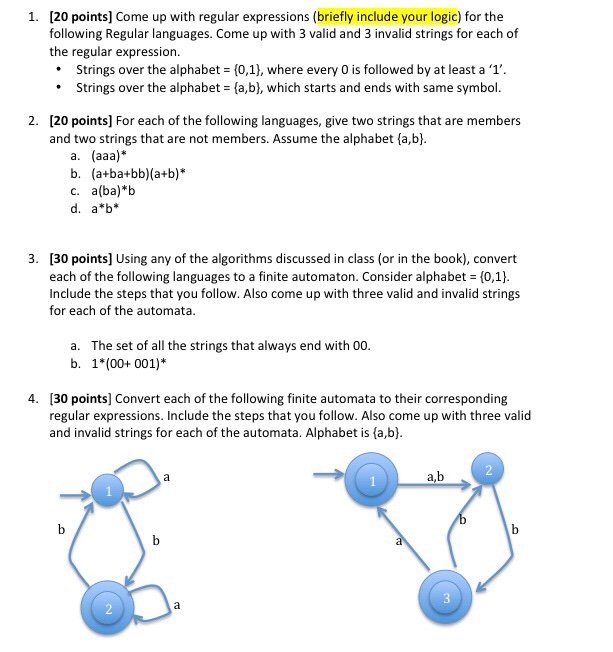  1. 20 points] Come up with regular expressions (briefly include your